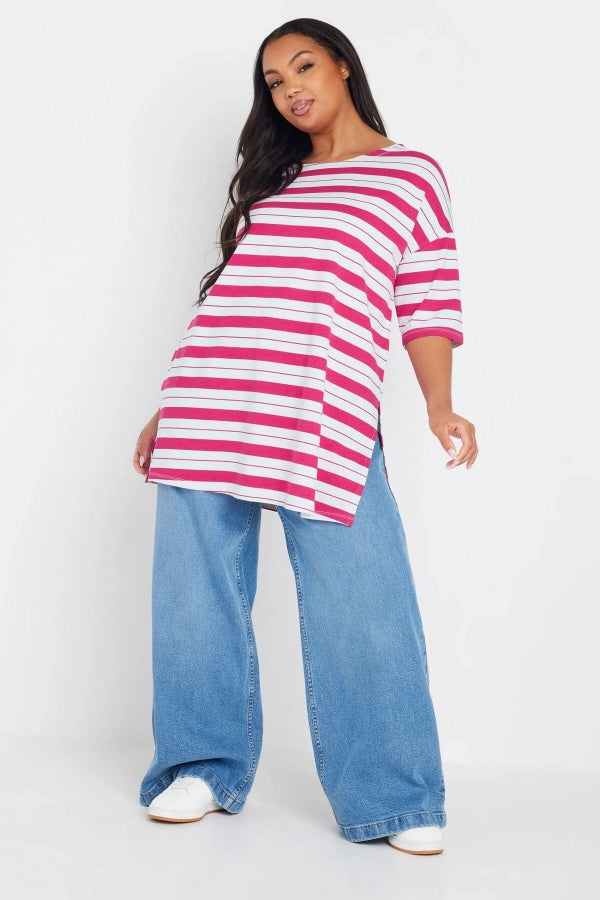 Büyük Beden Bisiklet Yaka Kısa Kollu Yanları Yırtmaçlı Çizgili T-shirt 303945 Vervegrand