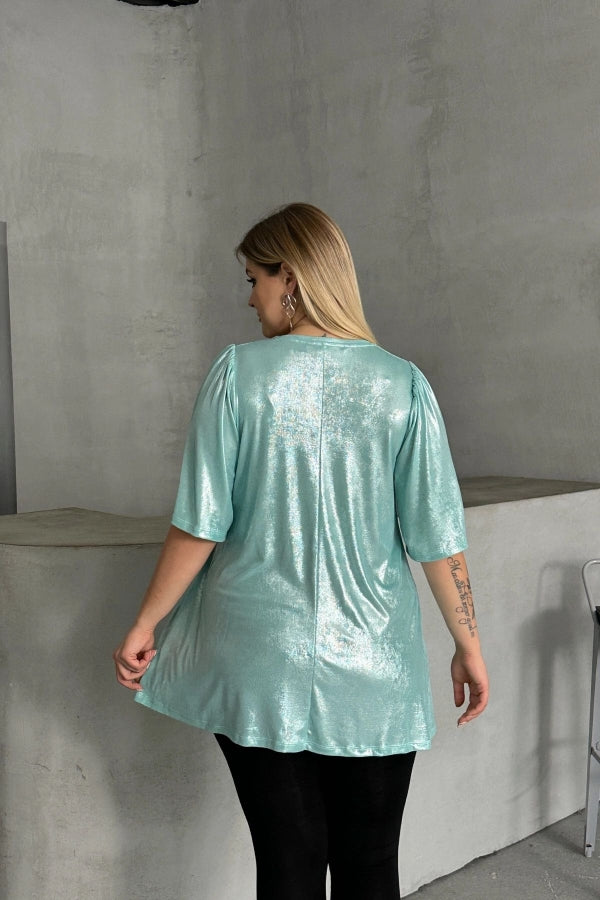 Büyük Beden V Yaka Kısa Kollu Parlak Görünümlü Bluz 303379 Vervegrand