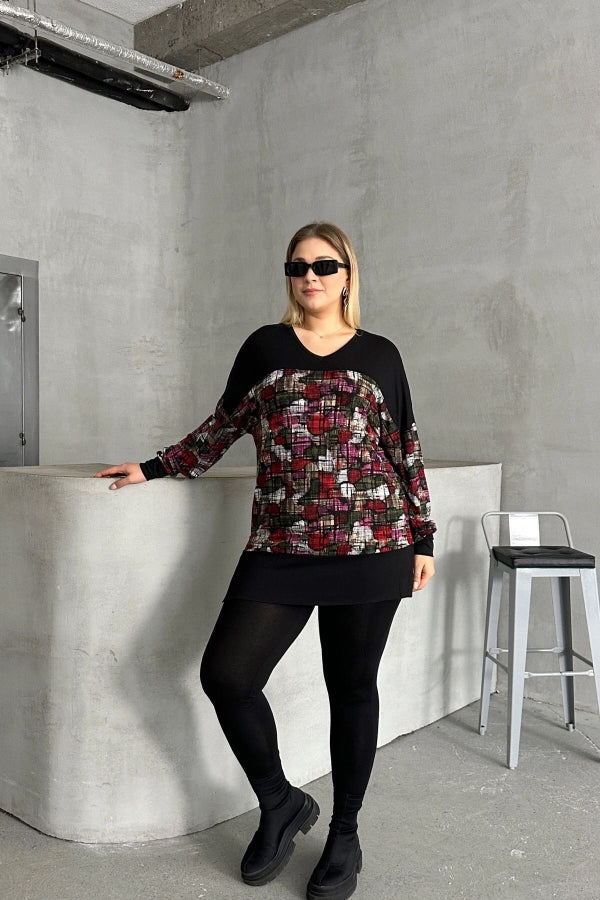 Büyük Beden V Yaka Uzun Kollu Desenli Likralı Bluz 303363 Vervegrand