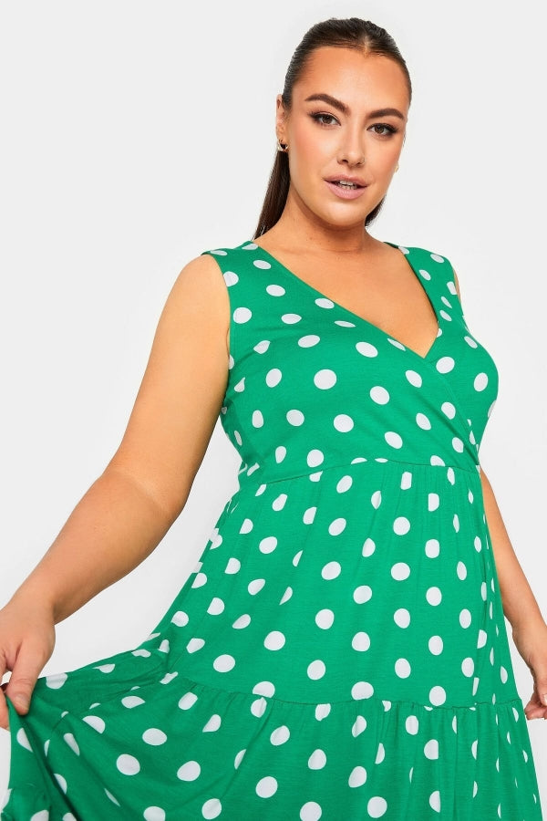 Büyük Beden Sıfır Kol Büyük Puantiyeli V Yaka Midi Boy Elbise 302354 Vervegrand