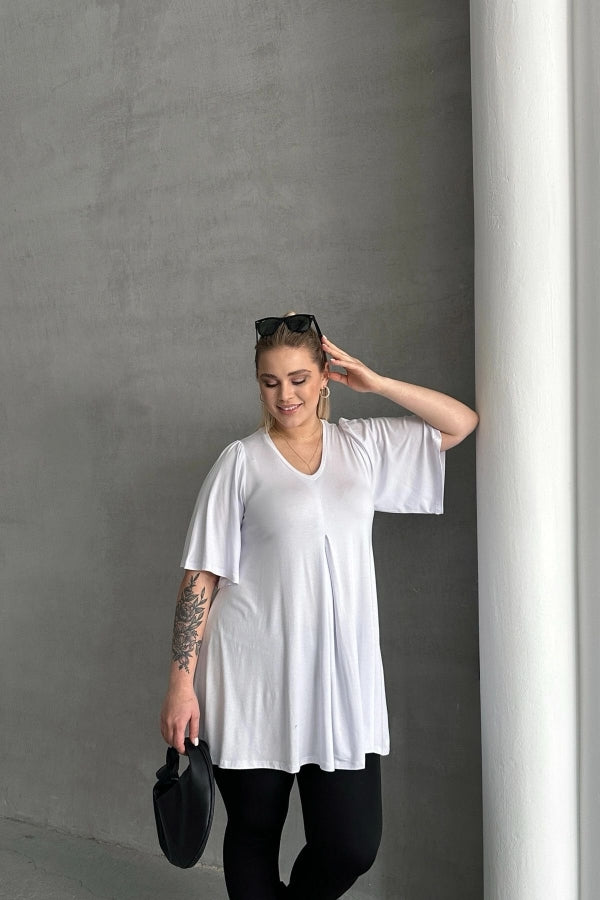 Büyük Beden V Yaka Desensiz Asimetrik Kesim Likralı Bluz MDL-2 Vervegrand