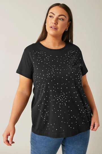 Büyük Beden Bisiklet Yaka Kısa Kollu Taş Yapıştırma Basic T-shirt 615350 Vervegrand