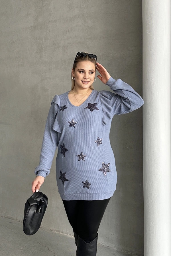 Büyük Beden Uzun Kolları Fırfırlı Yıldız Desen İşlemeli Bluz 301234 Vervegrand
