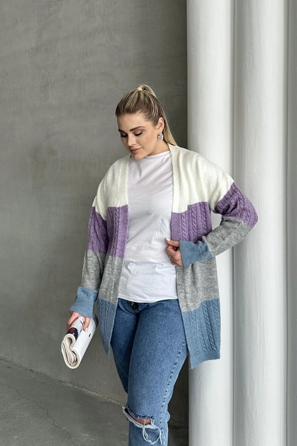 Büyük Beden Uzun Kollu Önü Kapamasız Renk Bloklu Triko Hırka 302148 Vervegrand