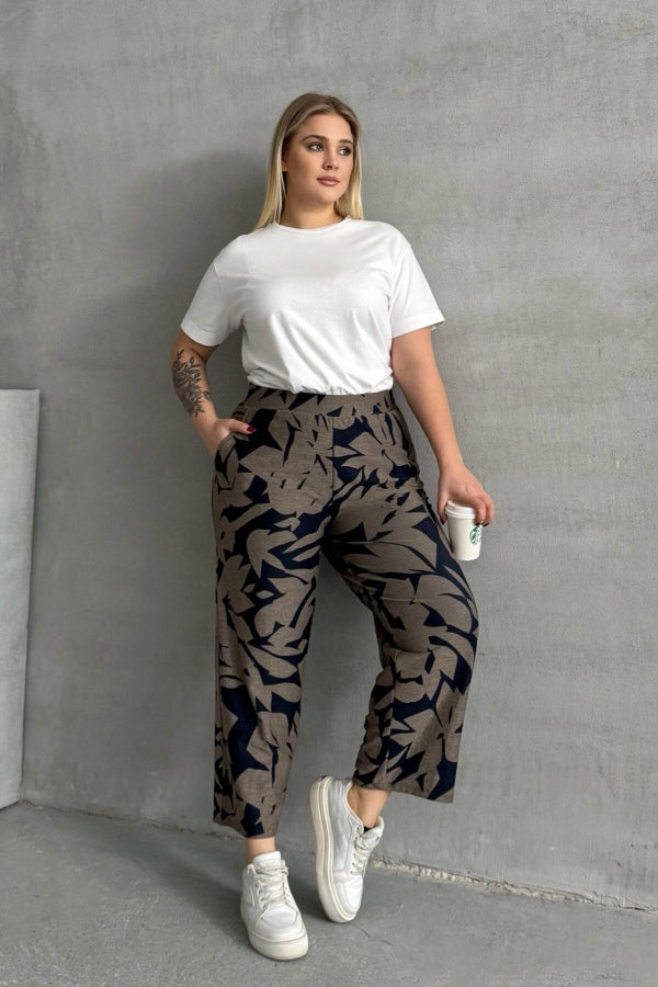 Büyük Beden Beli Lastikli Bol Paça Desenli Cepli Pantolon 74-109 Vervegrand