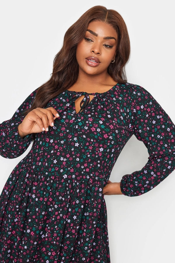 Büyük Beden Yakası Bağlama Detaylı Çiçek Desenli Midi Boy Elbise 137628 Vervegrand