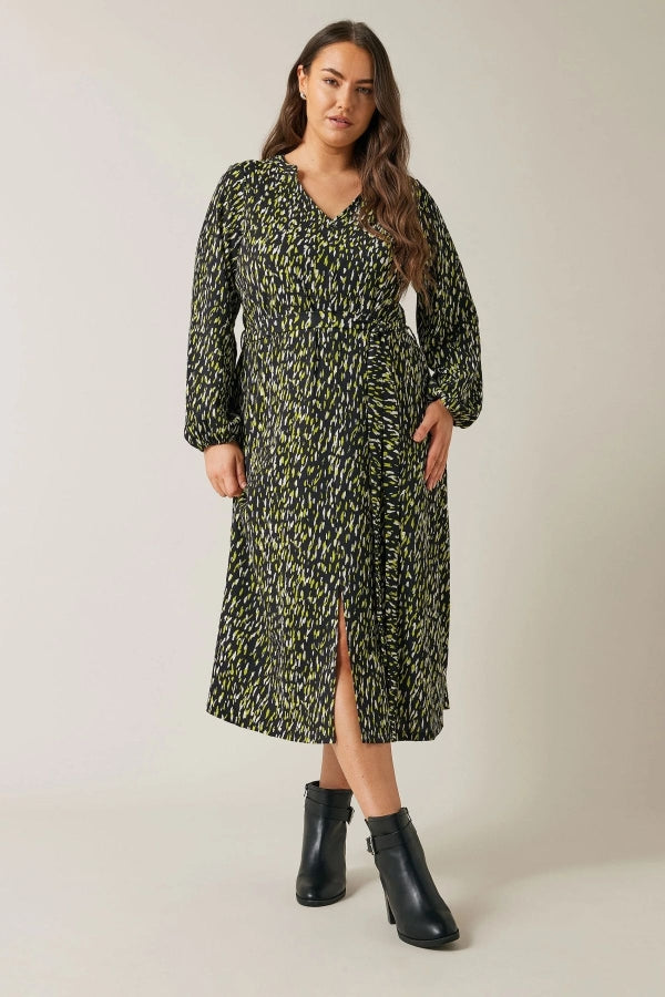 Büyük Beden V Yaka Kolları Lastikli Yırtmaç Detaylı Midi Boy Elbise 615628 Vervegrand