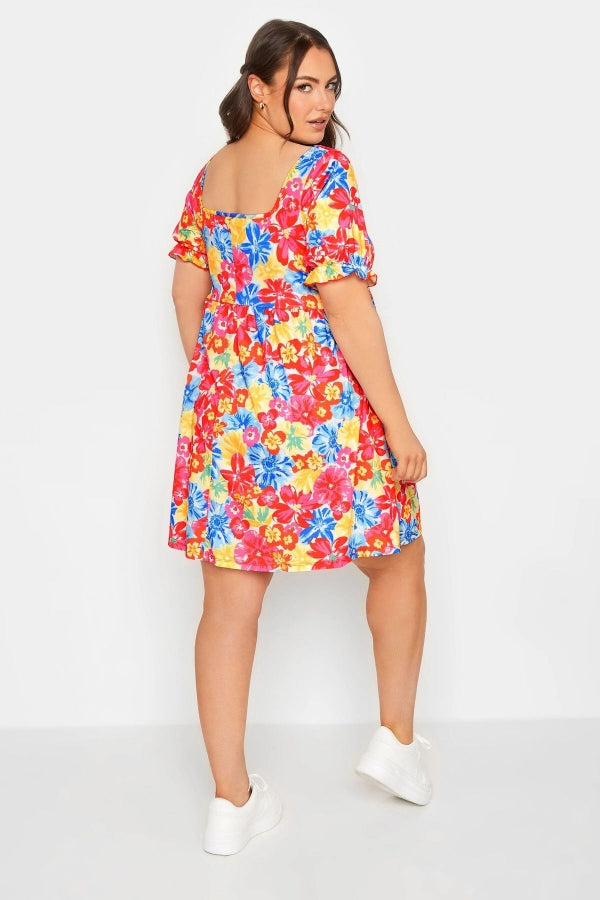 Büyük Beden Kolları Fırfır Detaylı Çiçek Desenli Kısa Elbise 215513 Vervegrand