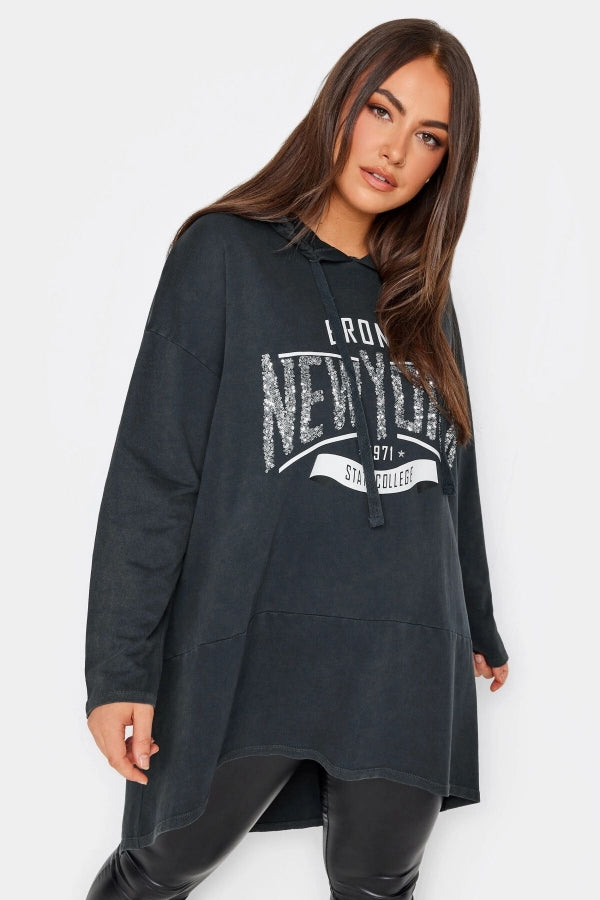 Vervegrand büyük beden payetli siyah kapüşonlu sweatshirt