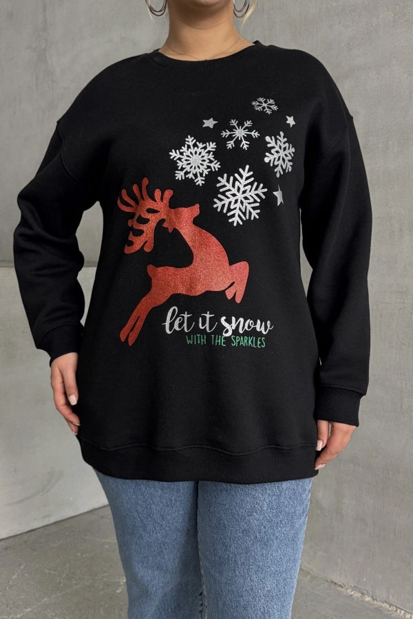 Büyük Beden Yılbaşı Temalı Bisiklet Yaka Uzun Kollu Sweatshirt 303818 Vervegrand