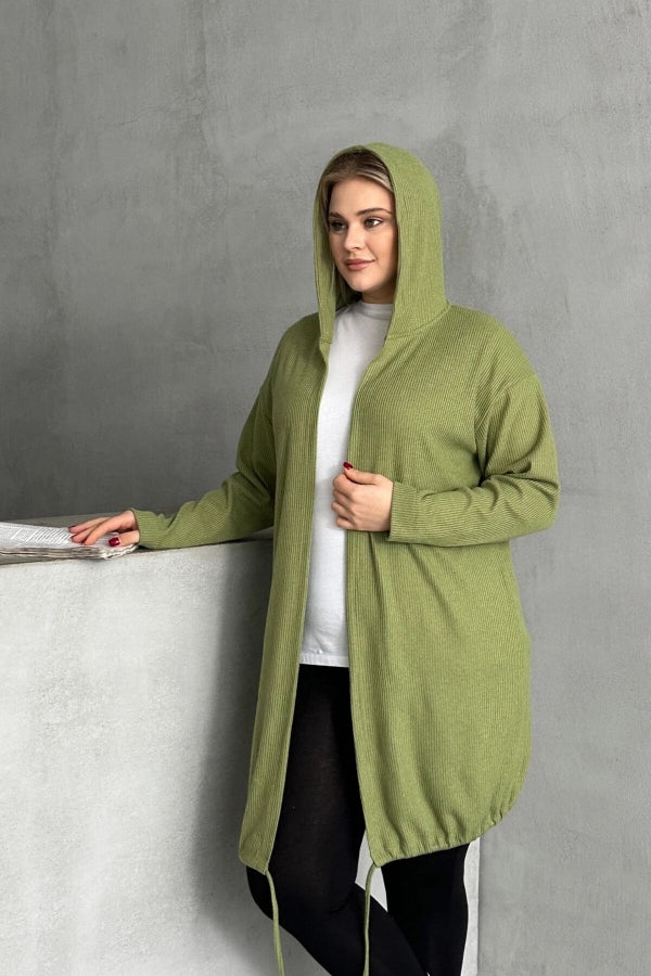 Büyük Beden Uzun Kollu Kapüşonlu Önü Kapamasız Fitilli Hırka 74-136 Vervegrand