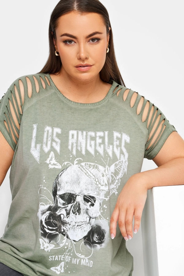 Büyük Beden Bisiklet Yaka Kol ve Omuz Detaylı Baskılı T-shirt 302895 Vervegrand