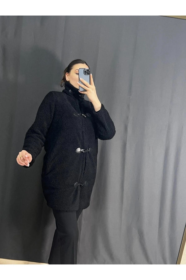 Büyük Beden Boğazlı Önü Kapamalı Cepli Peluş Kaban 302660 Vervegrand