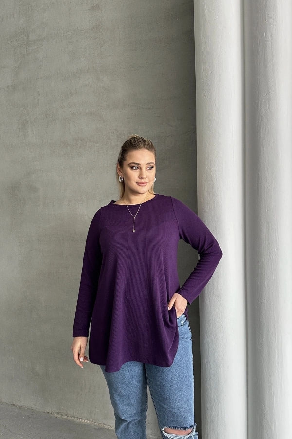 Büyük Beden Uzun Kollu Bisiklet Yaka Fitilli Bluz 100-123 Vervegrand