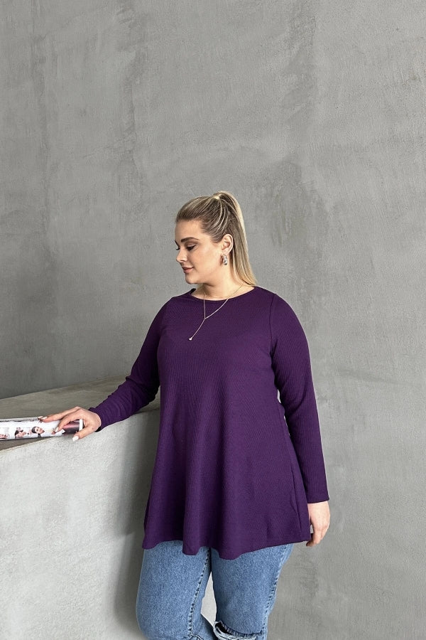 Büyük Beden Uzun Kollu Bisiklet Yaka Fitilli Bluz 100-123 Vervegrand