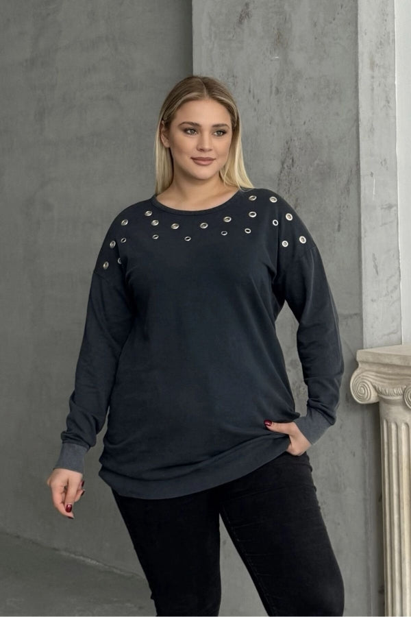 Büyük Beden Uzun Kollu Kuşgözü ve Sırt Dekolte Detaylı Sweatshirt 303870 Vervegrand