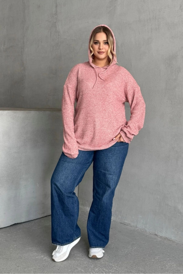 Büyük Beden Uzun Kollu Kapüşonlu Yanları Cepli İnce Örme Sweatshirt 300373 Vervegrand