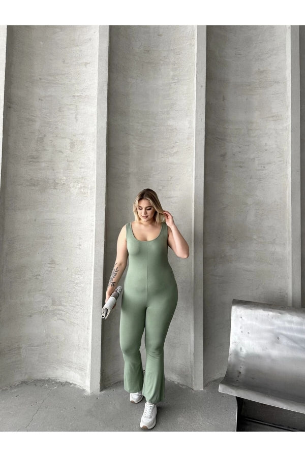 Büyük Beden Sıfır Kol İspanyol Paça Kapamasız Esnek Tulum 224983 Vervegrand