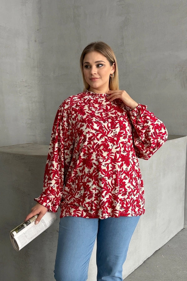 Büyük Beden Yakası Büzgülü Uzun Kollu Desenli Bluz E15233 Vervegrand