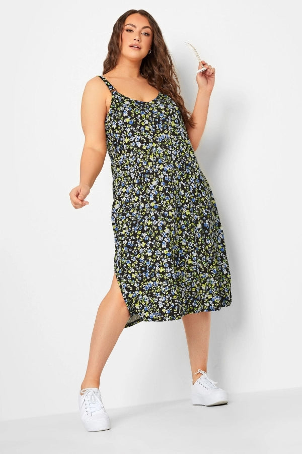 Büyük Beden Yırtmaç Detaylı Çiçek Desenli Askılı Elbise 302296 Vervegrand