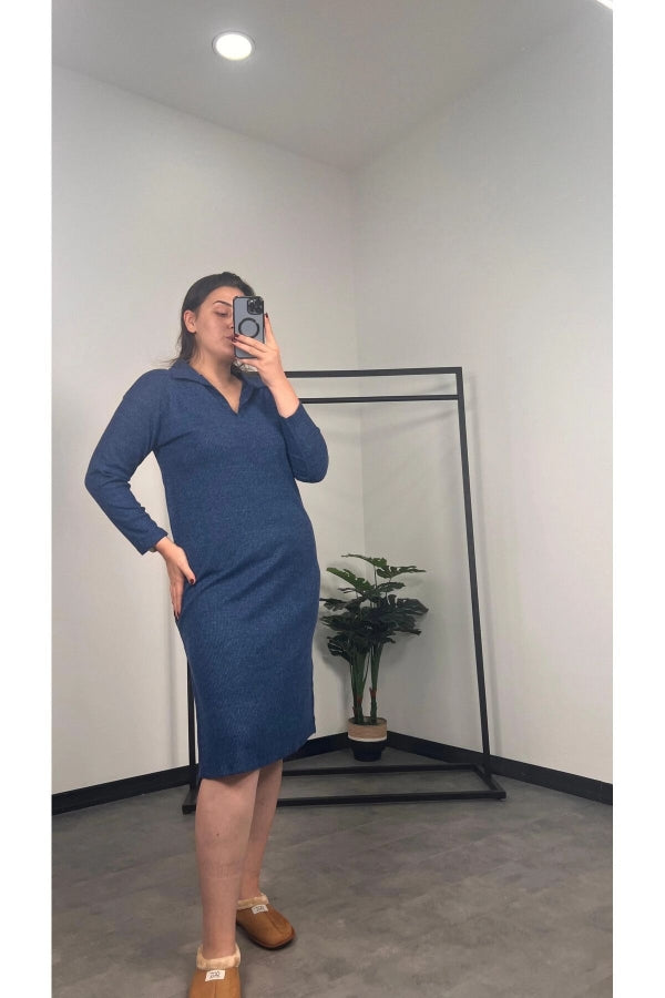 Büyük Beden Polo Yaka Yırtmaç Detaylı Midi Boy Triko Elbise 301514 Vervegrand