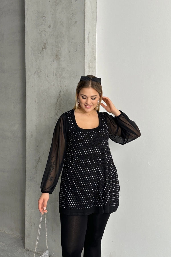 Büyük Beden Uzun Tül Kol Önü Taş İşlemeli Bisiklet Yaka Bluz 321831-U Vervegrand