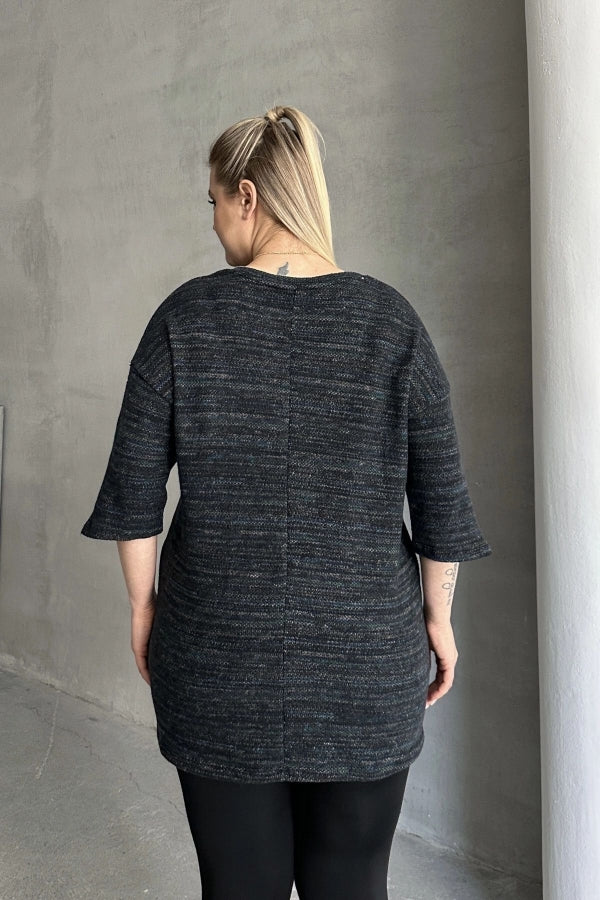 Büyük Beden Yarım Kollu Bisiklet Yaka Düğme Detaylı Kırçıllı Kazak 303691 Vervegrand