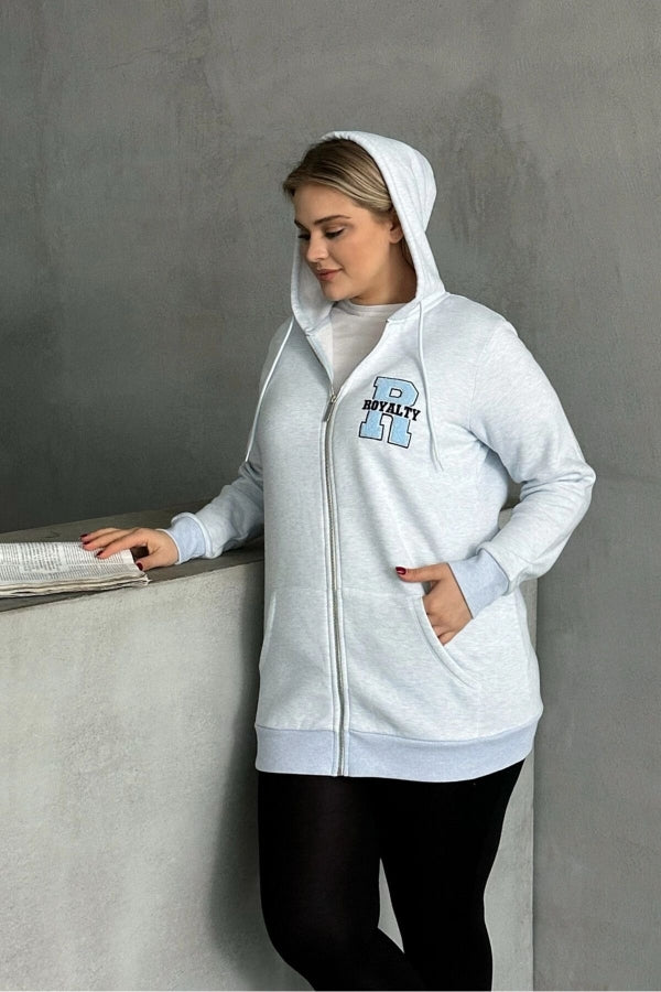 Büyük Beden Uzun Kollu Kapüşonlu Fermuarlı Cepli Yumuşak Hırka 302571 Vervegrand