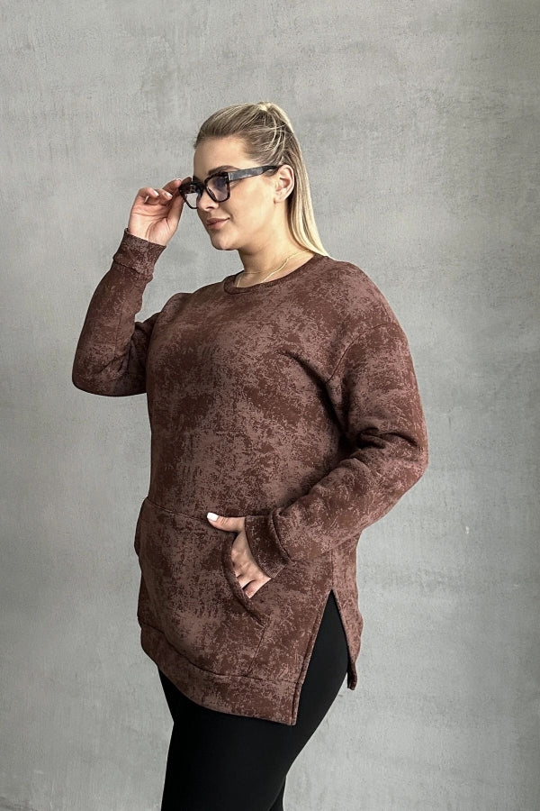 Büyük Beden Uzun Kollu Bisiklet Yaka Önü Cepli Desenli Sweatshirt 106-79 Vervegrand