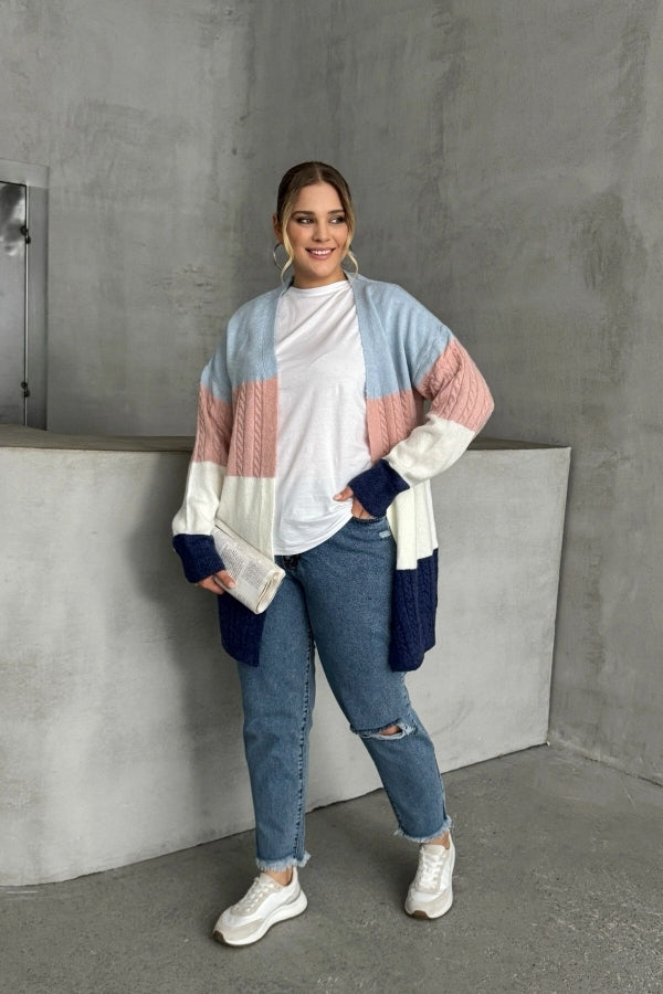 Büyük Beden Uzun Kollu Önü Kapamasız Renk Bloklu Triko Hırka 302147 Vervegrand