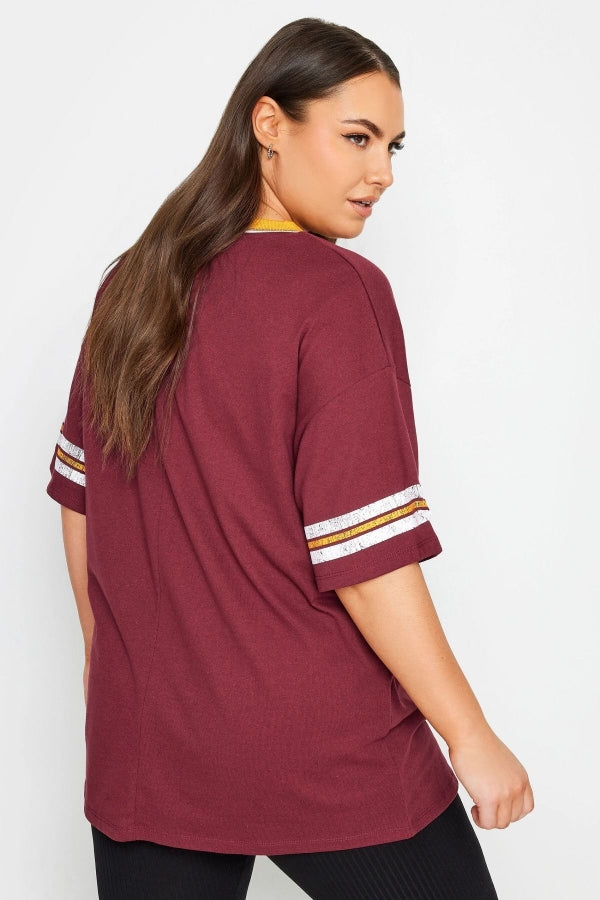 Vervegrand büyük beden bordo spor kesim baskılı t-shirt yan görünüm