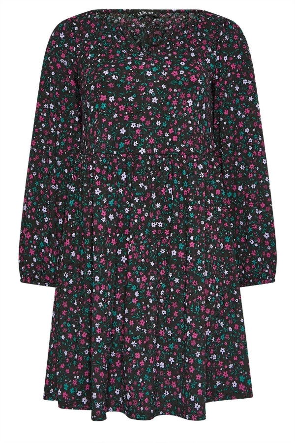 Büyük Beden Yakası Bağlama Detaylı Çiçek Desenli Midi Boy Elbise 137628 Vervegrand