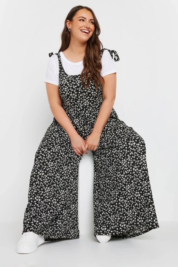 Büyük Beden Bol Paça Askıları Bağlamalı Çiçek Desenli Maxi Tulum 137986 Vervegrand