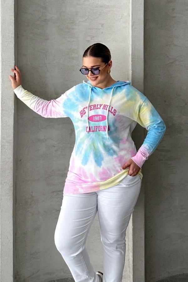 Büyük Beden Batik Desenli Kapüşonlu Baskılı İnce Sweatshirt 303144 Vervegrand