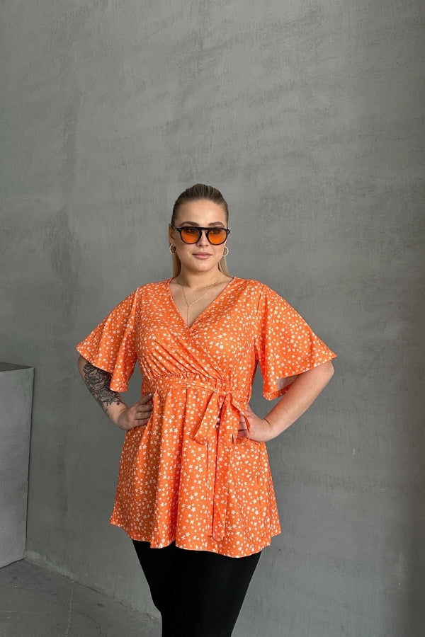 Büyük Beden Kısa Kollu V Yaka Önü Bağlama Detaylı Bluz 97-40 Vervegrand