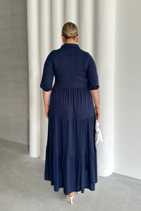 Büyük Beden V Yaka Yarım Kollu Beli Lastikli Uzun Elbise T44 Vervegrand