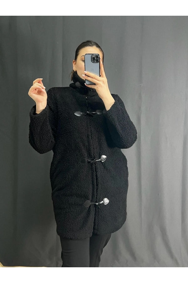 Büyük Beden Boğazlı Önü Kapamalı Cepli Peluş Kaban 302660 Vervegrand