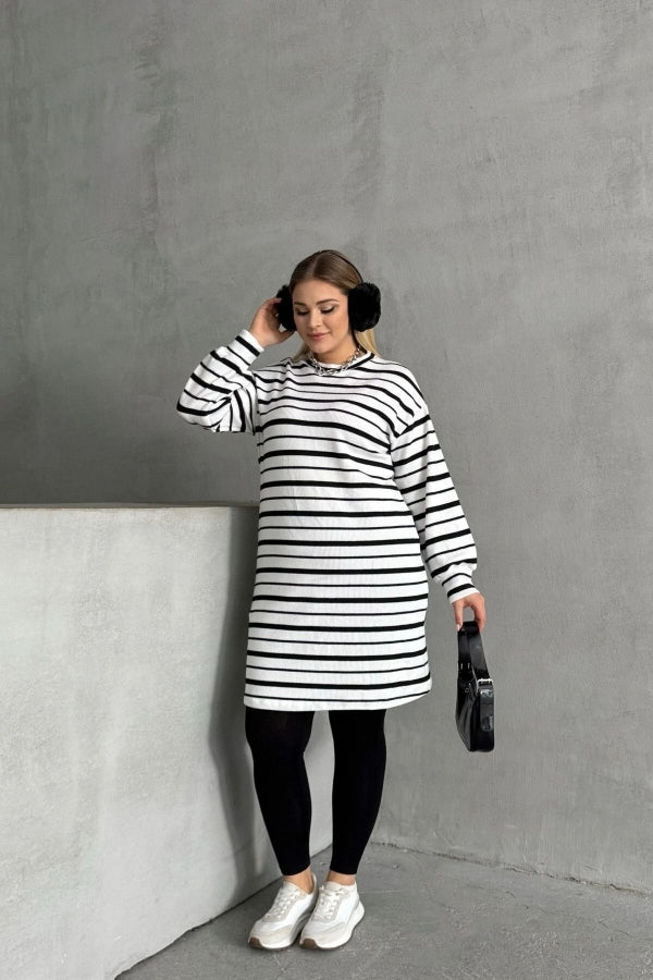 Büyük Beden Bisiklet Yaka Uzun Kollu Bileği Lastikli Çizgili Elbise 303062 Vervegrand