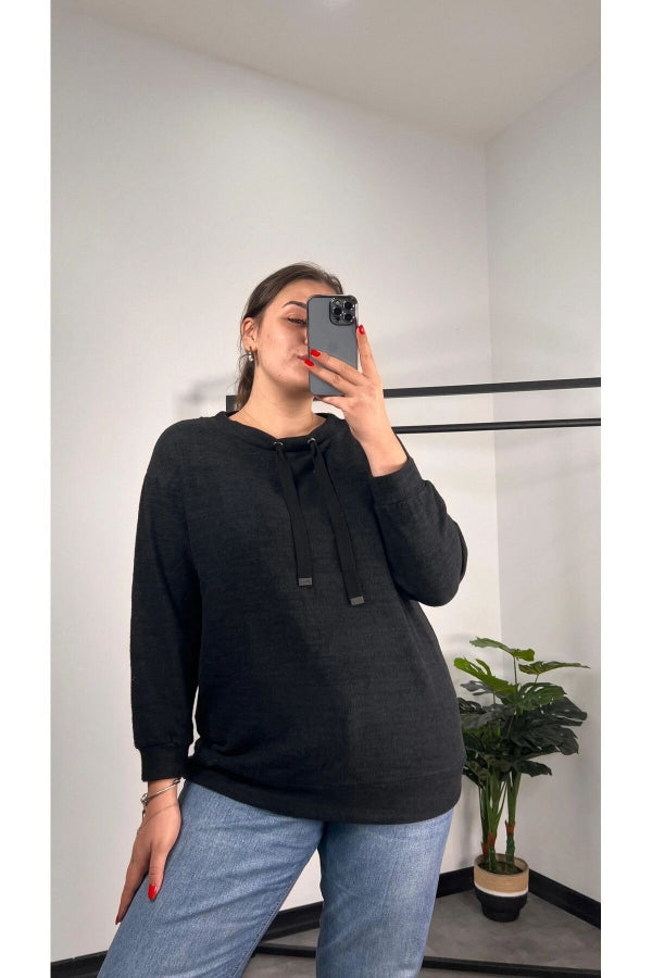 Büyük Beden Kapüşonsuz Yakası Bağcıklı Uzun Kollu Sweatshirt 301520 Vervegrand