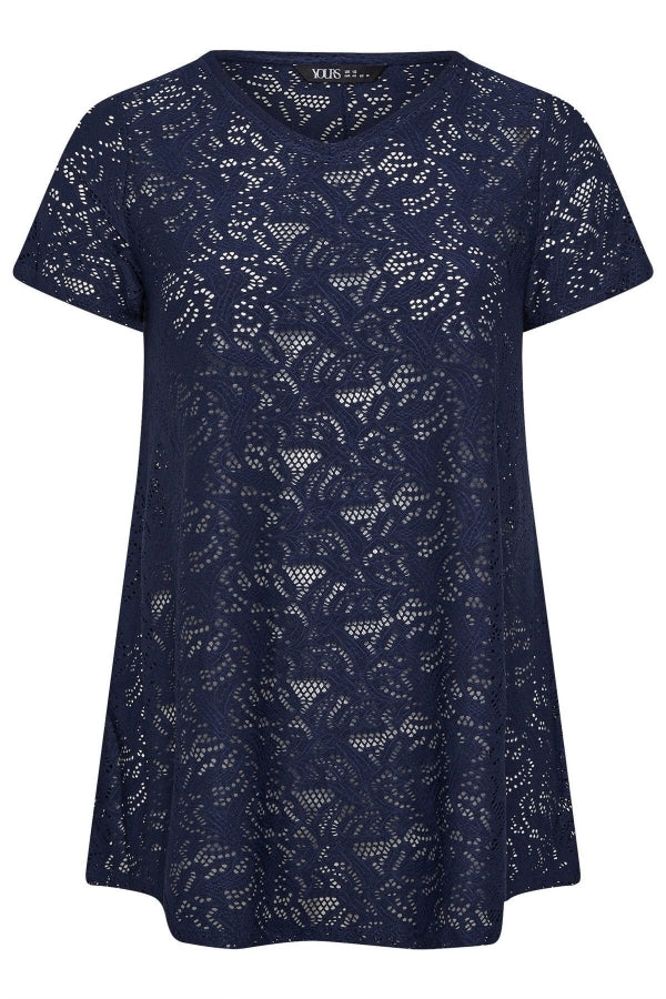 Büyük Beden V Yaka Kısa Kollu Astarsız Dantel T-shirt 304095 Vervegrand