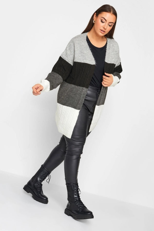 Büyük Beden Midi Boy Çizgili Uzun Kollu Triko Örme Hırka 302144 Vervegrand