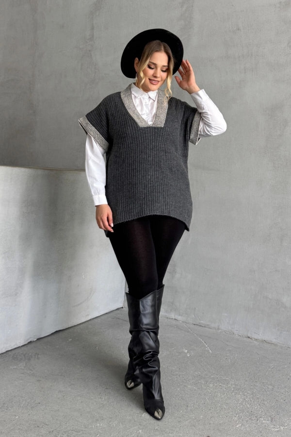 Büyük Beden V Yaka Kısa Kollu Triko Süveter 302138 Vervegrand