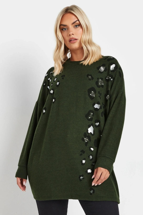 Büyük Beden Yumuşak Dokulu Leopar Baskılı Uzun Kollu Kazak 322222 Vervegrand