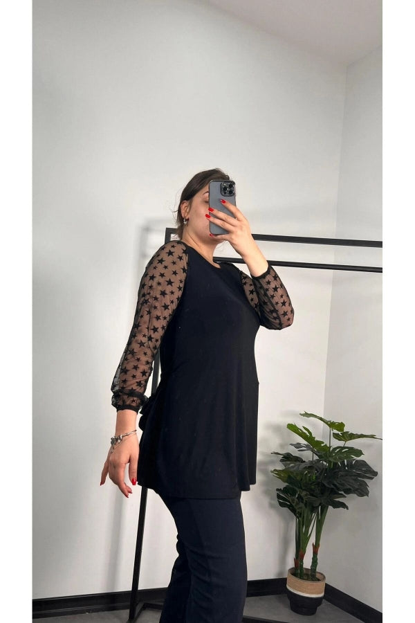 Büyük Beden Bisiklet Yaka Kolları Tül Detaylı Kemerli Bluz 300309 Vervegrand