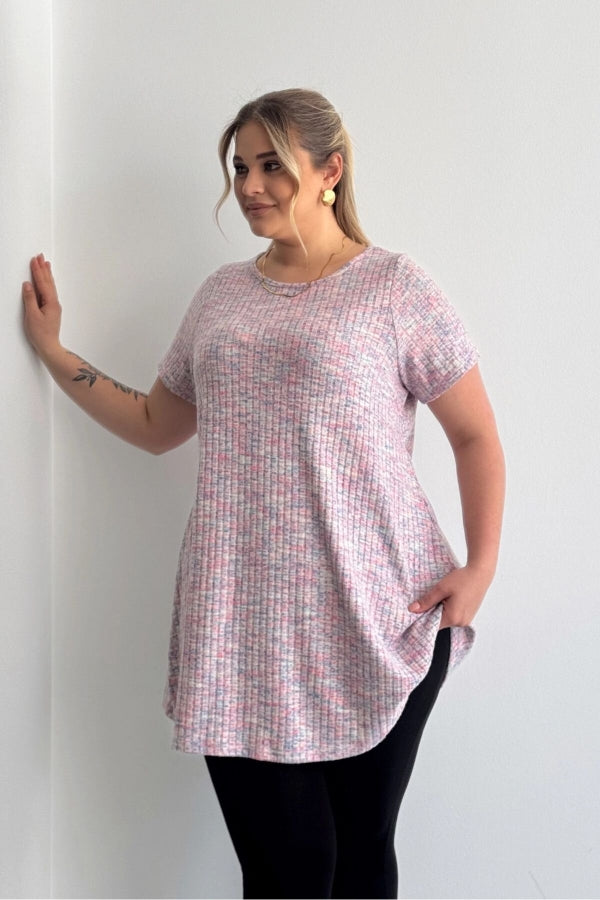 Büyük Beden Bisiklet Yaka Kısa Kollu Fitilli Kırçıllı Bluz 101-29 Vervegrand