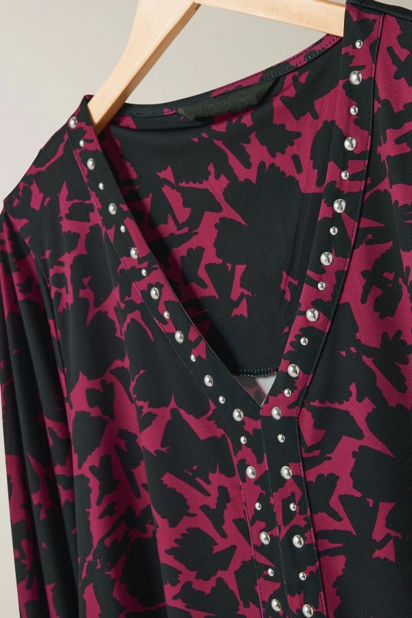 Büyük Beden V Yaka Uzun Kollu Taş Detaylı Desenli Bluz 615713 Vervegrand