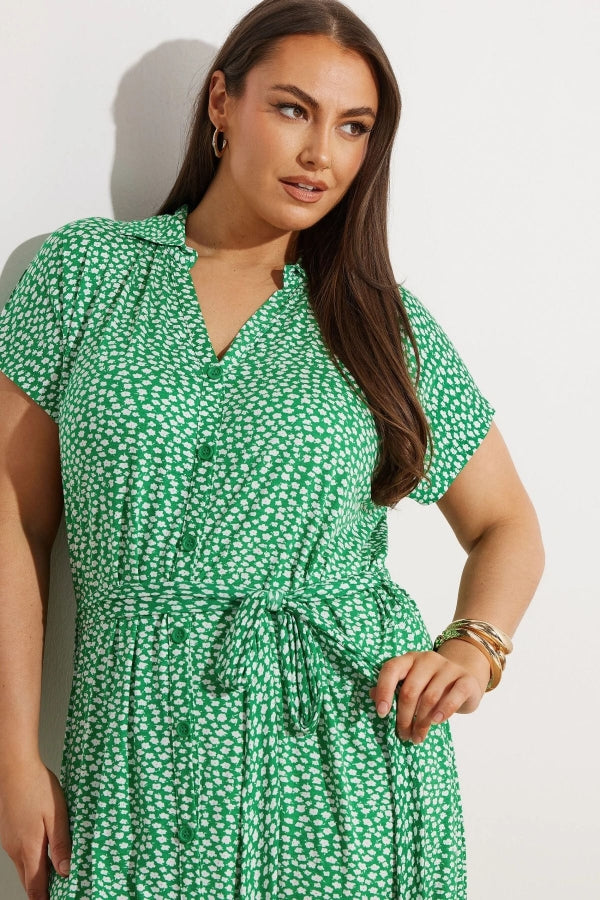 Büyük Beden Çiçek Desenli Midi Boy Beli Kuşaklı Düğmeli Elbise 303329 Vervegrand