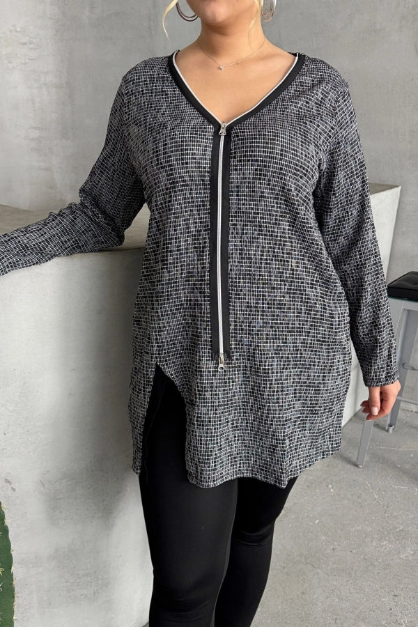 Büyük Beden V Yaka Önü Fermuarlı Yırtmaç Detaylı Bluz 173658 Vervegrand