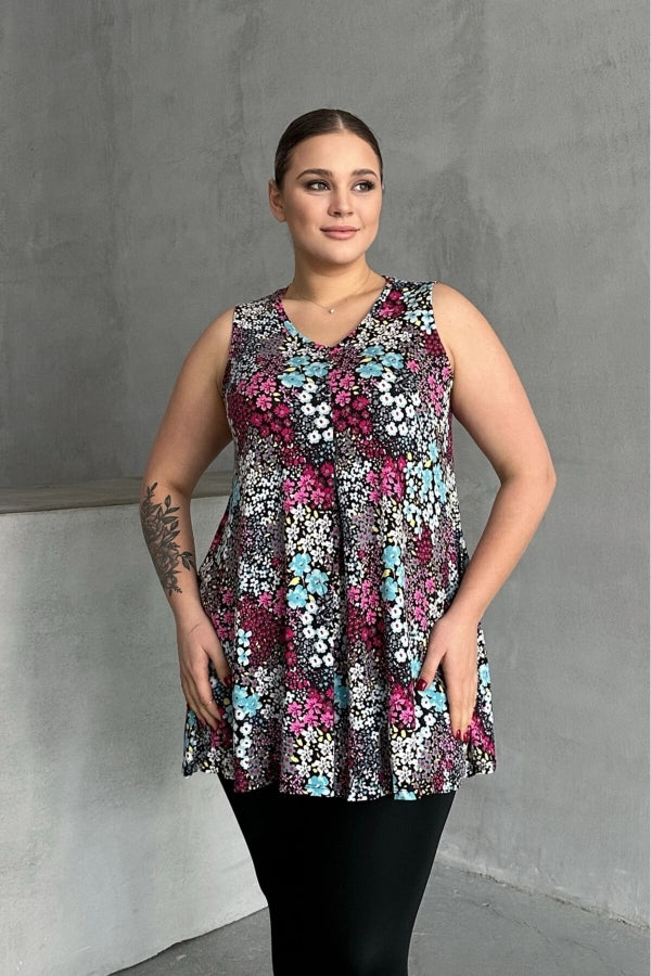 Büyük Beden V Yaka Sıfır Kol Çiçek Desenli Bluz 302261 Vervegrand