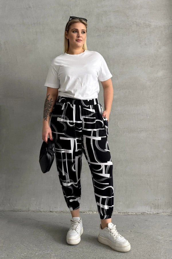 Büyük Beden Beli ve Paçası Lastikli Desenli Cepli Pantolon 98-4 Vervegrand